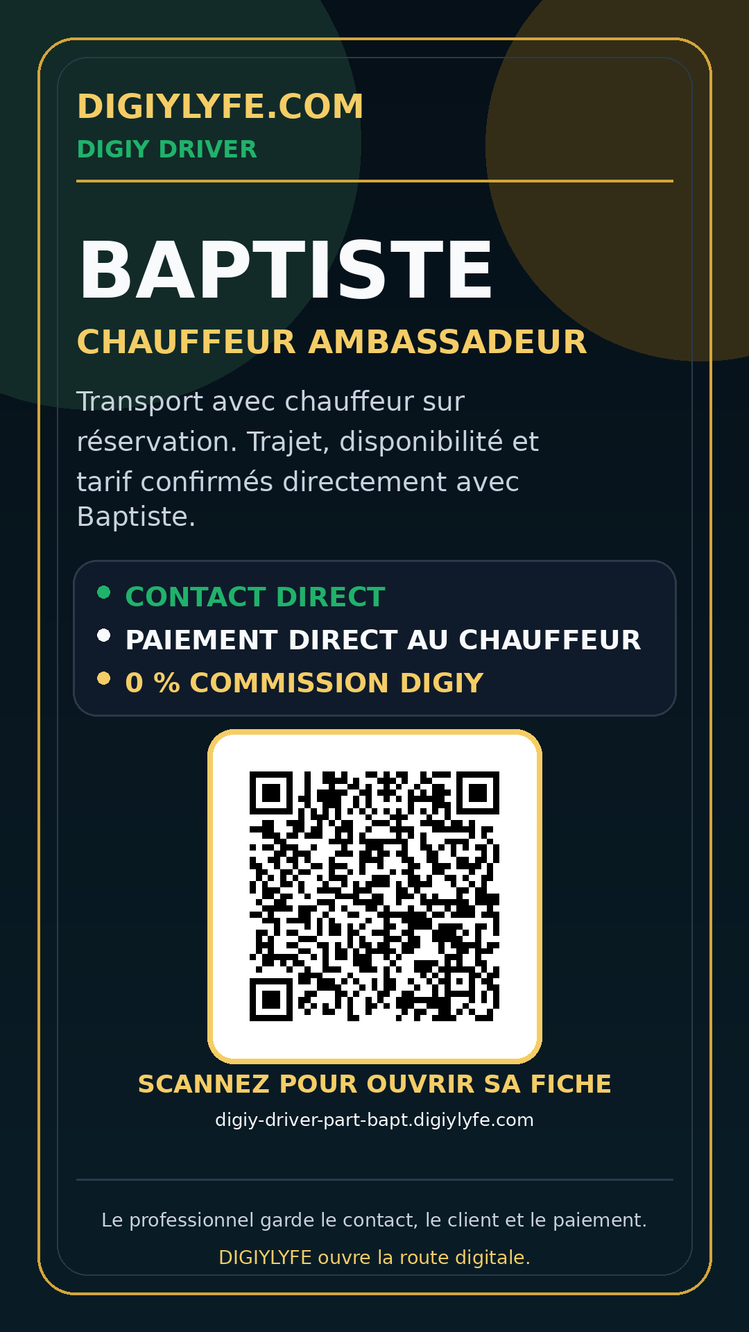 Carte de visite officielle de Baptiste, chauffeur ambassadeur DIGIY DRIVER